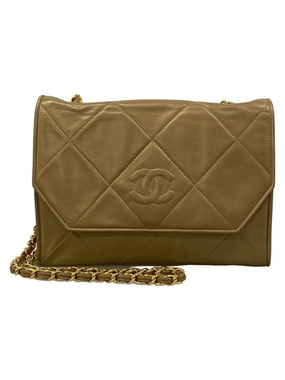 Chanel Shoulder Bag Quilted Beige Chain Gold CC Logo Lambskin